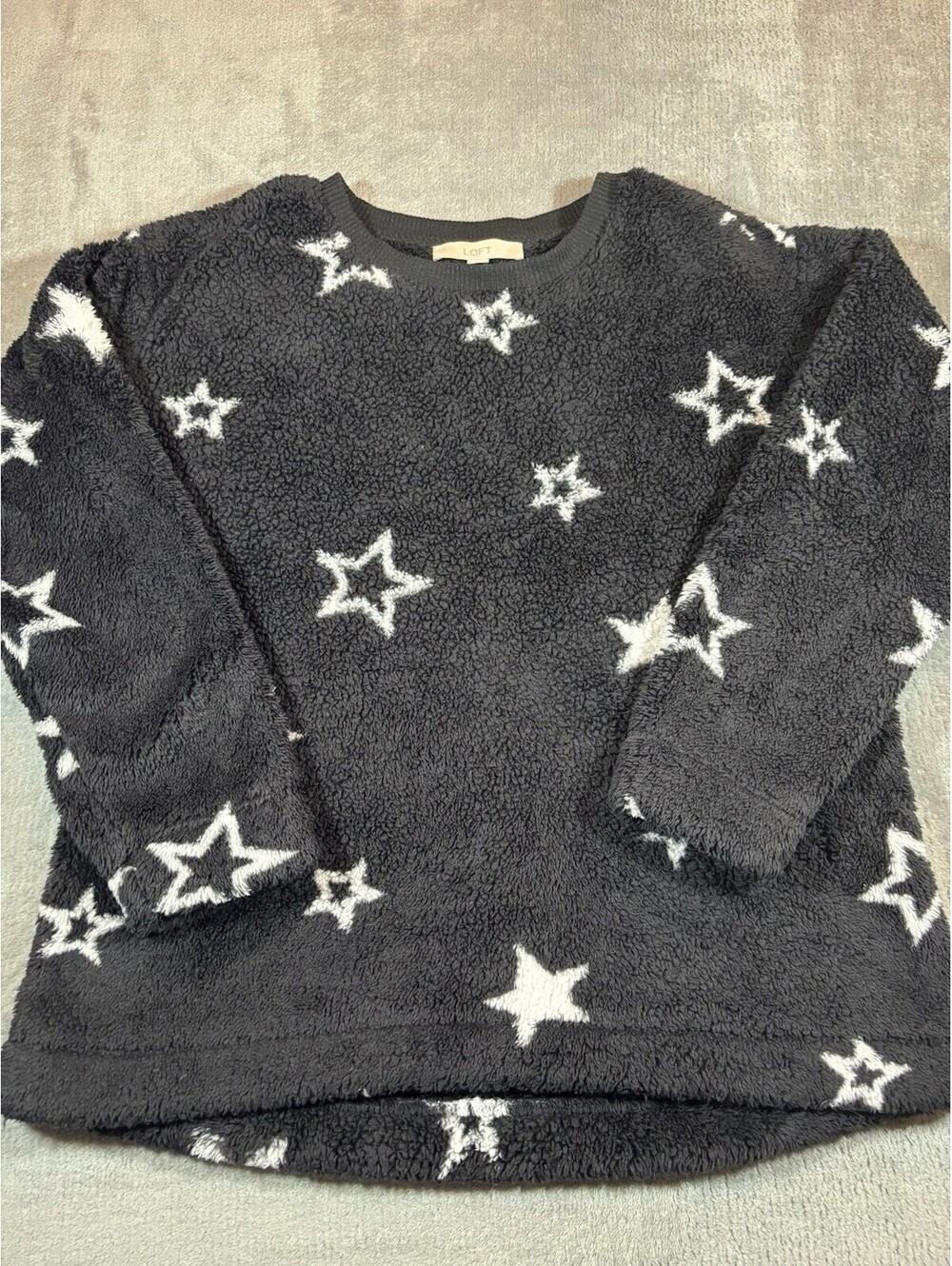 Loft Women’s Sweater Star Sherpa Polyester Fleece Sweatshirt Long Sleeve Black M